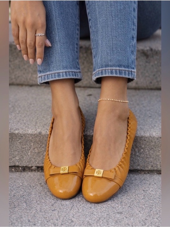 Tory Burch Shoes - Tory Burch Mustard Yellow Patent Toe Ballet Flats with Gold Logo